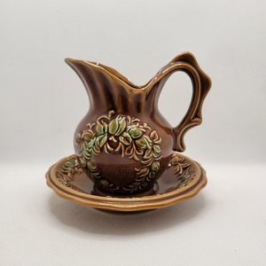 Vintage Japan Pottery Small Water Pitcher and Basin in Brown with Raised Florals